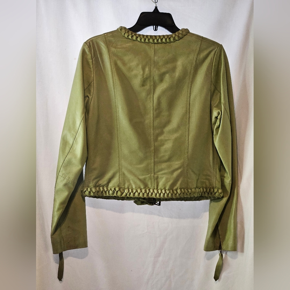 MARGARET GODFREY/St. John Olive Green Leather Zip Front Lined Jacket Size 6 - Picture 2 of 11